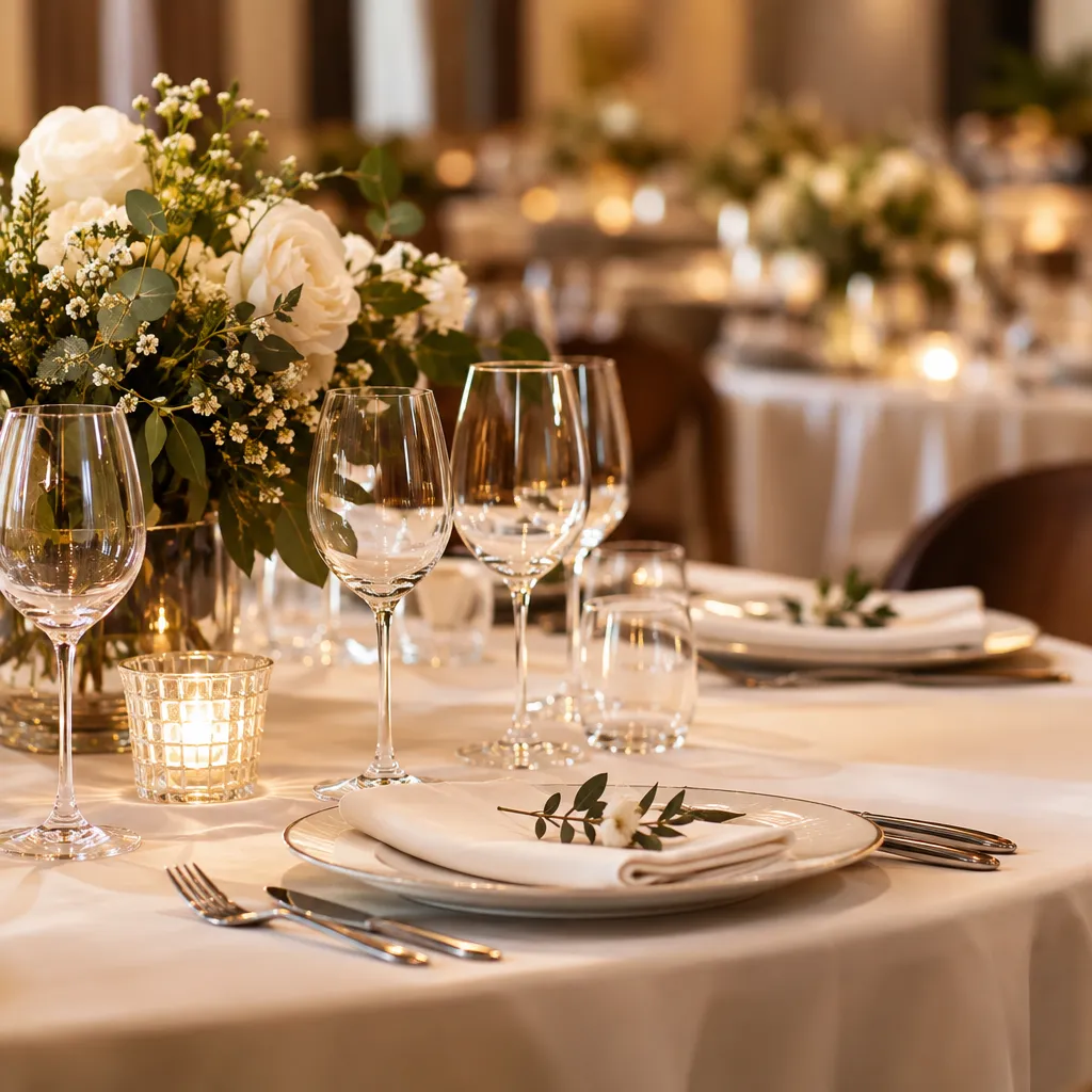 Salle dressée pour un banquet à l'Auberge de la Truite à Montreuil-l'Argillé